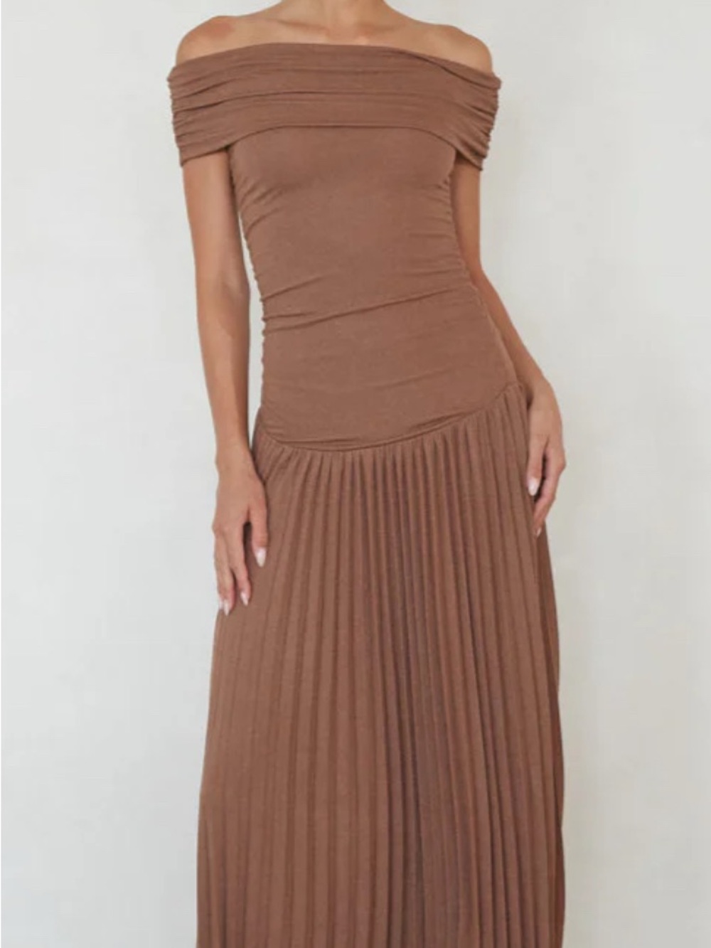 American Threads One-Shoulder Pleated Maxi Dress in Brown